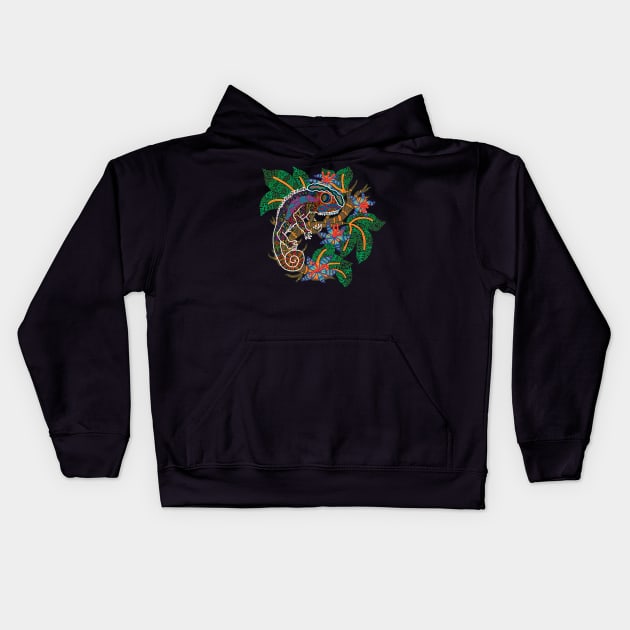PSYCHEDELIC TRIPPY HORROR VACUI ANIMAL CHAMELEON ON BRANCH - full colour Kids Hoodie by Xotico Design